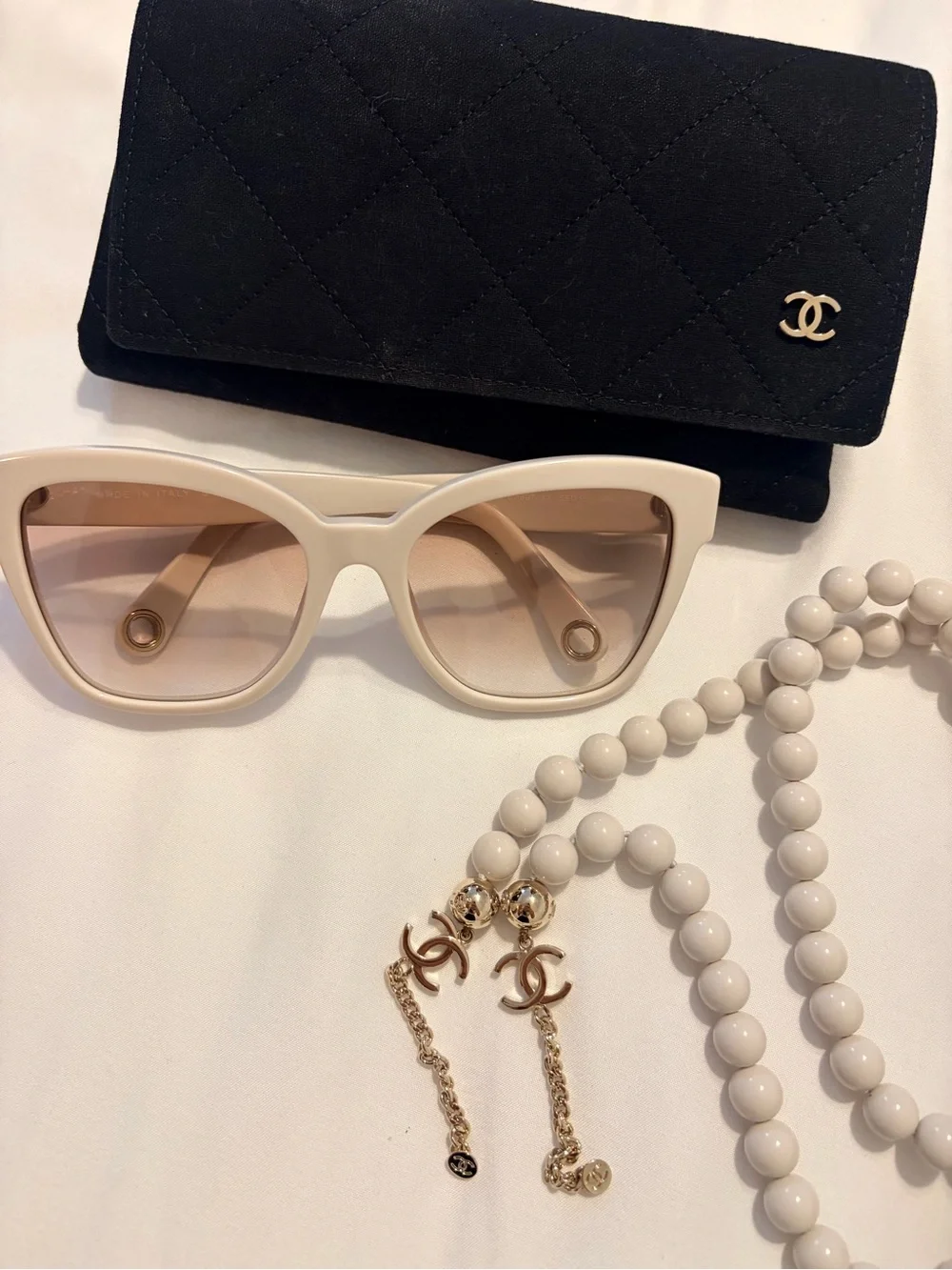 CHANEL Cream Sunglasses with Gold CC Hardware